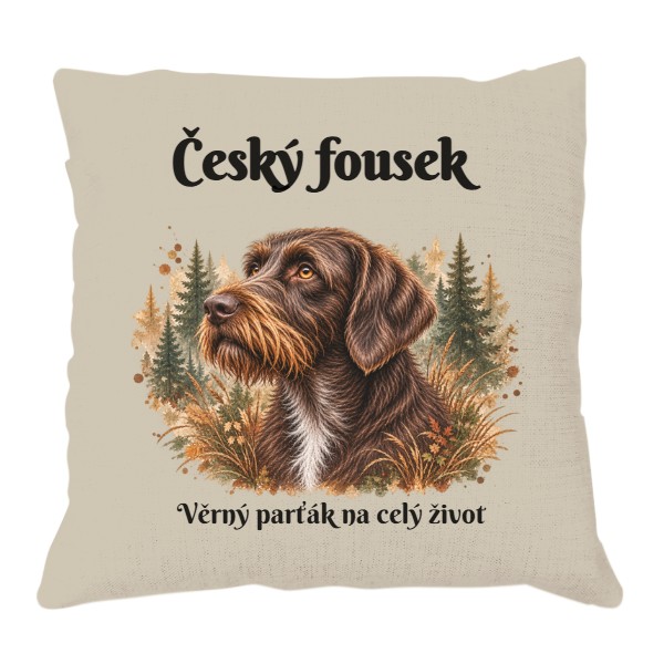 Polštář lněný vzhled s potiskem Český fousek na spaní 